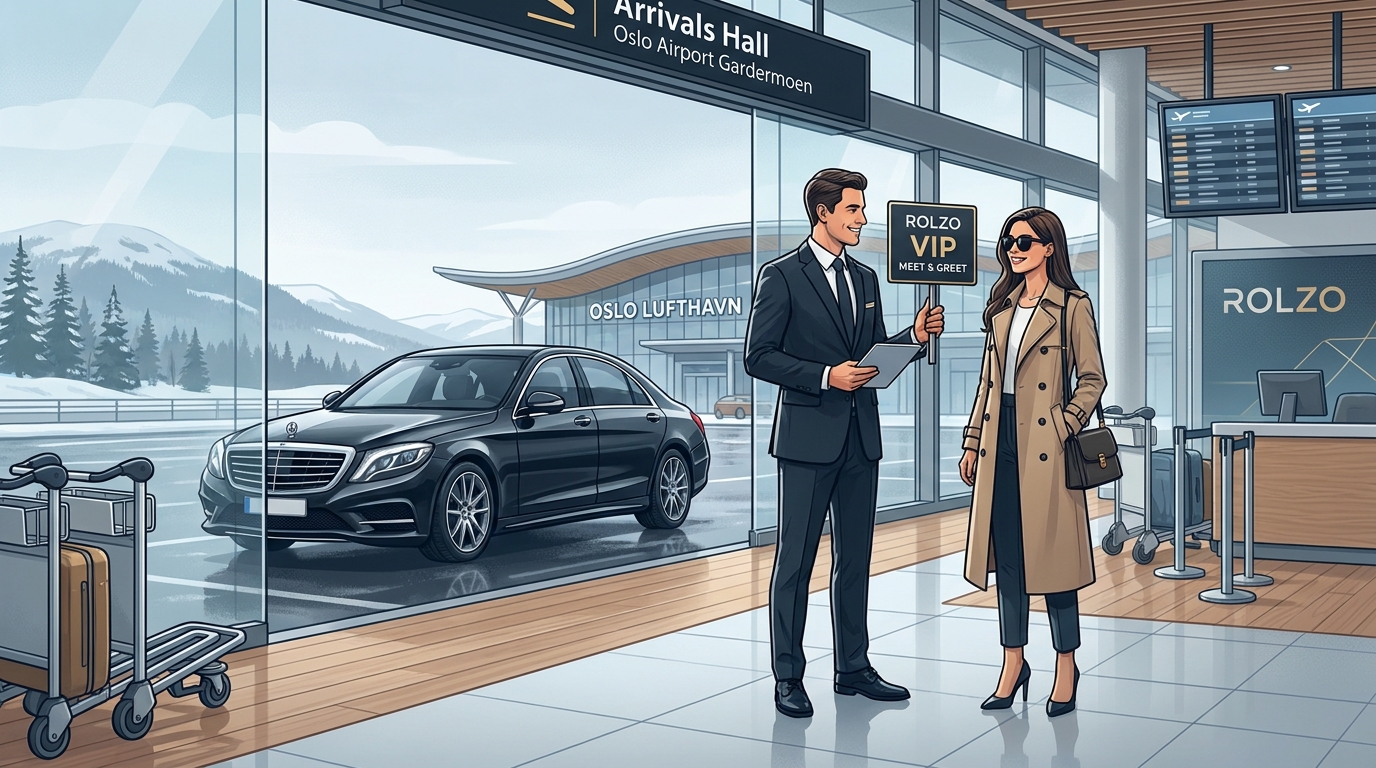 Hero image showing a luxury chauffeur greeting a traveler at Oslo Airport Gardermoen arrivals hall, with a premium vehicle visible, conveying the VIP Meet & Greet experience