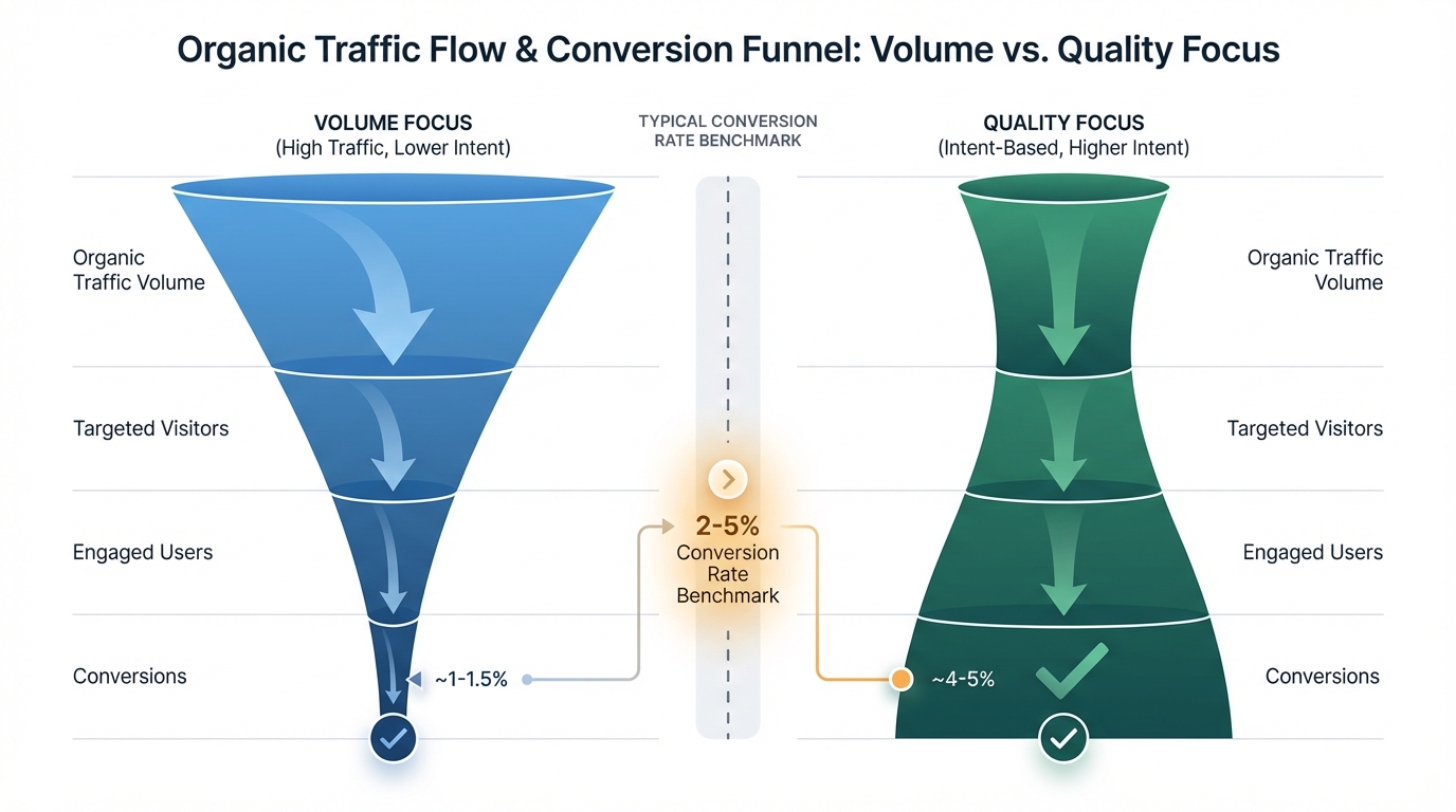 Funnel diagram showing organic traffic flow to conversions, with typical 2-5% conversion rate benchmark highlighted, and comparison between traffic volume vs. quality focus