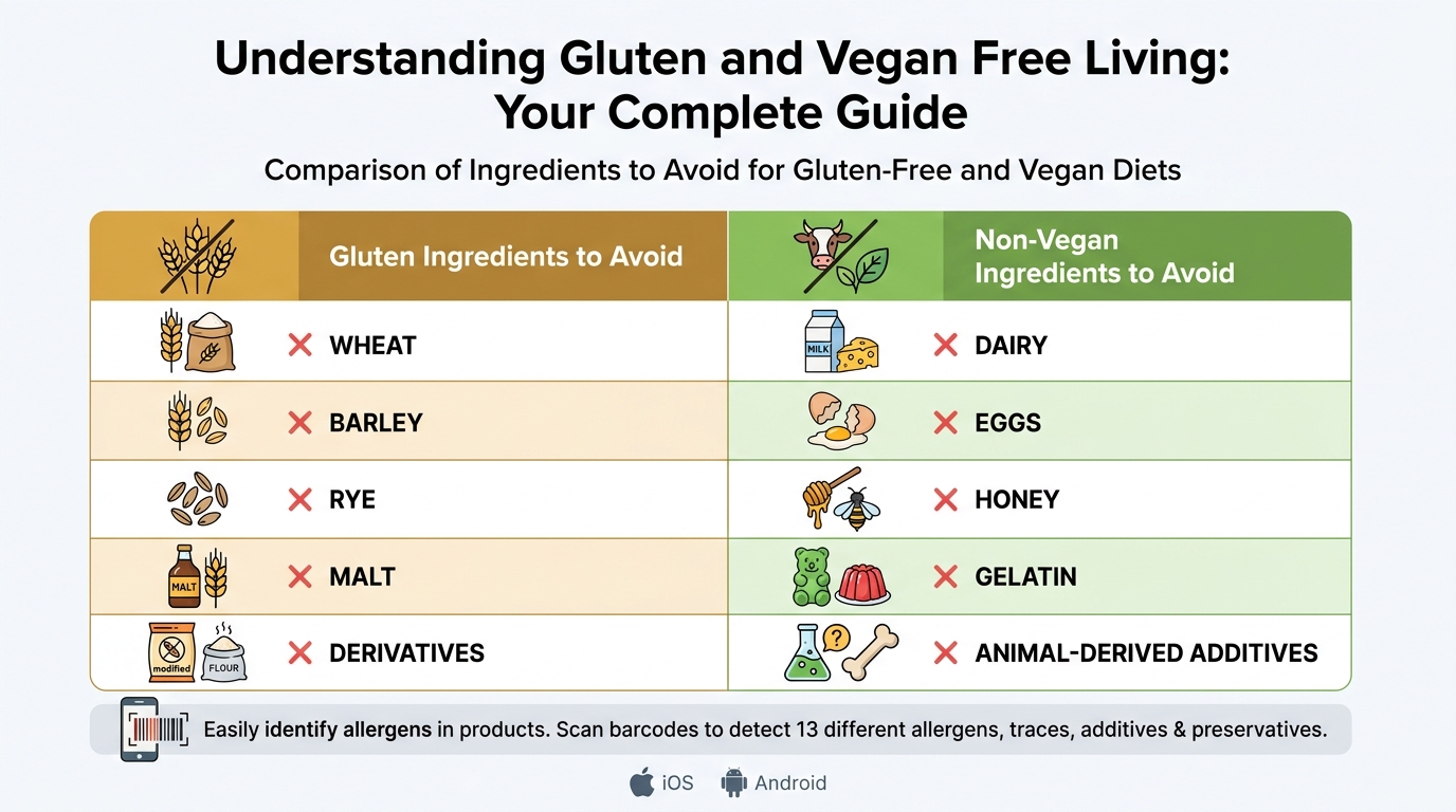 Two-column comparison chart showing 'Gluten Ingredients to Avoid' (wheat, barley, rye, malt, derivatives) versus 'Non-Vegan Ingredients to Avoid' (dairy, eggs, honey, gelatin, animal-derived additives)