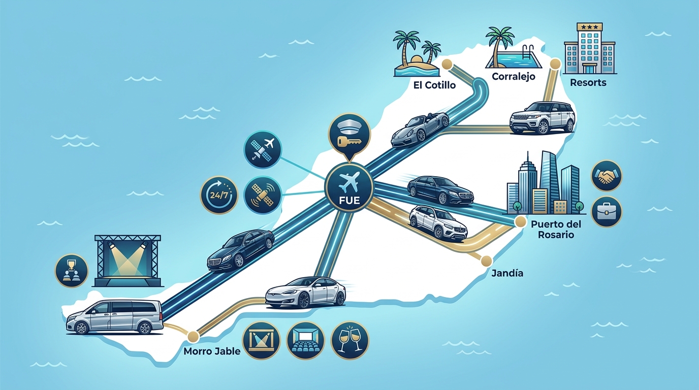 Infographic map of Fuerteventura highlighting key destinations and points of interest reachable by chauffeur or rental car, with icons for corporate venues, luxury resorts, and event locations