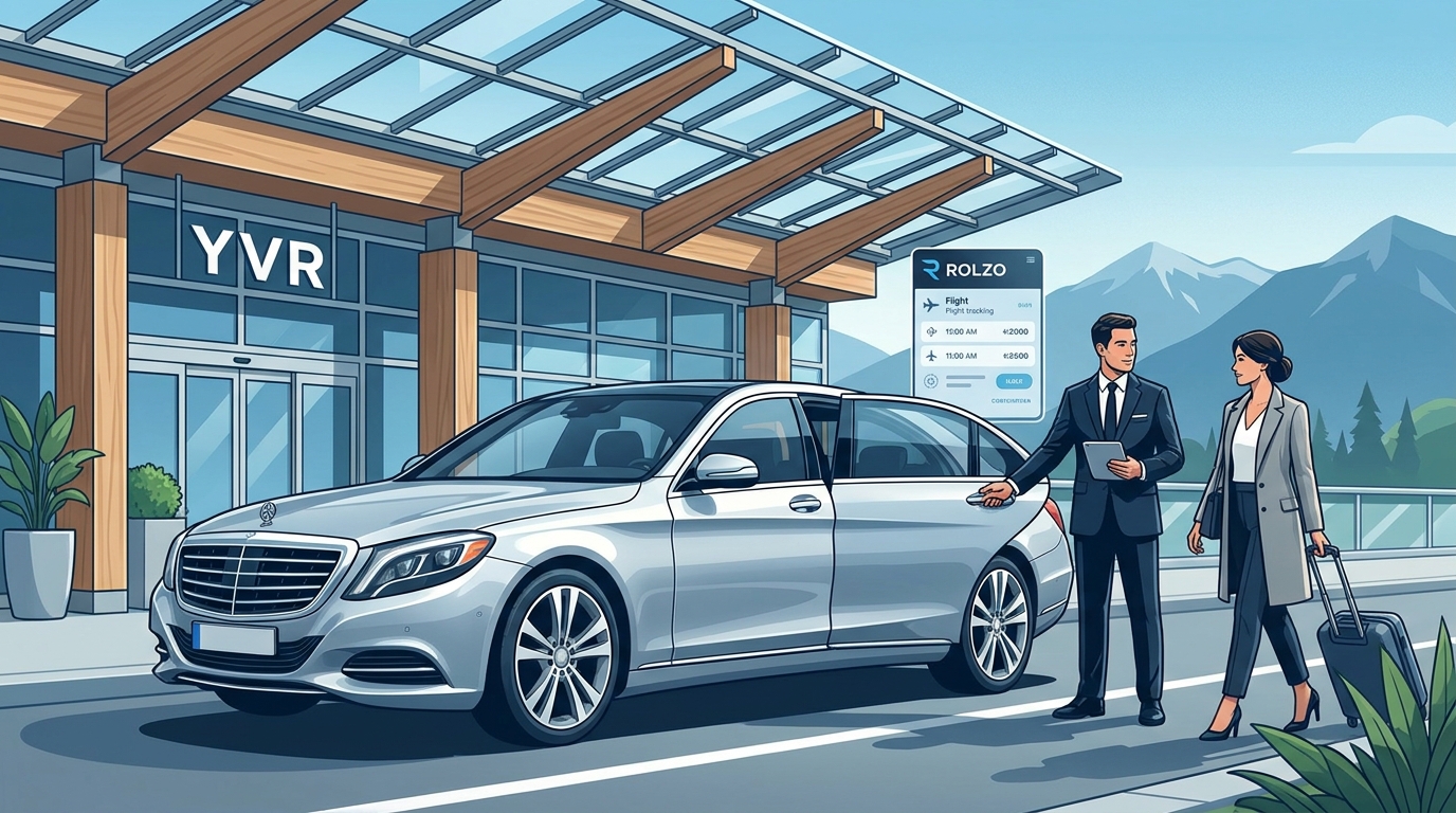 Hero image showing a luxury chauffeur or premium vehicle (e.g. Mercedes-Benz S-Class or Range Rover) at the arrivals area of Vancouver International Airport, capturing the elevated arrival experience