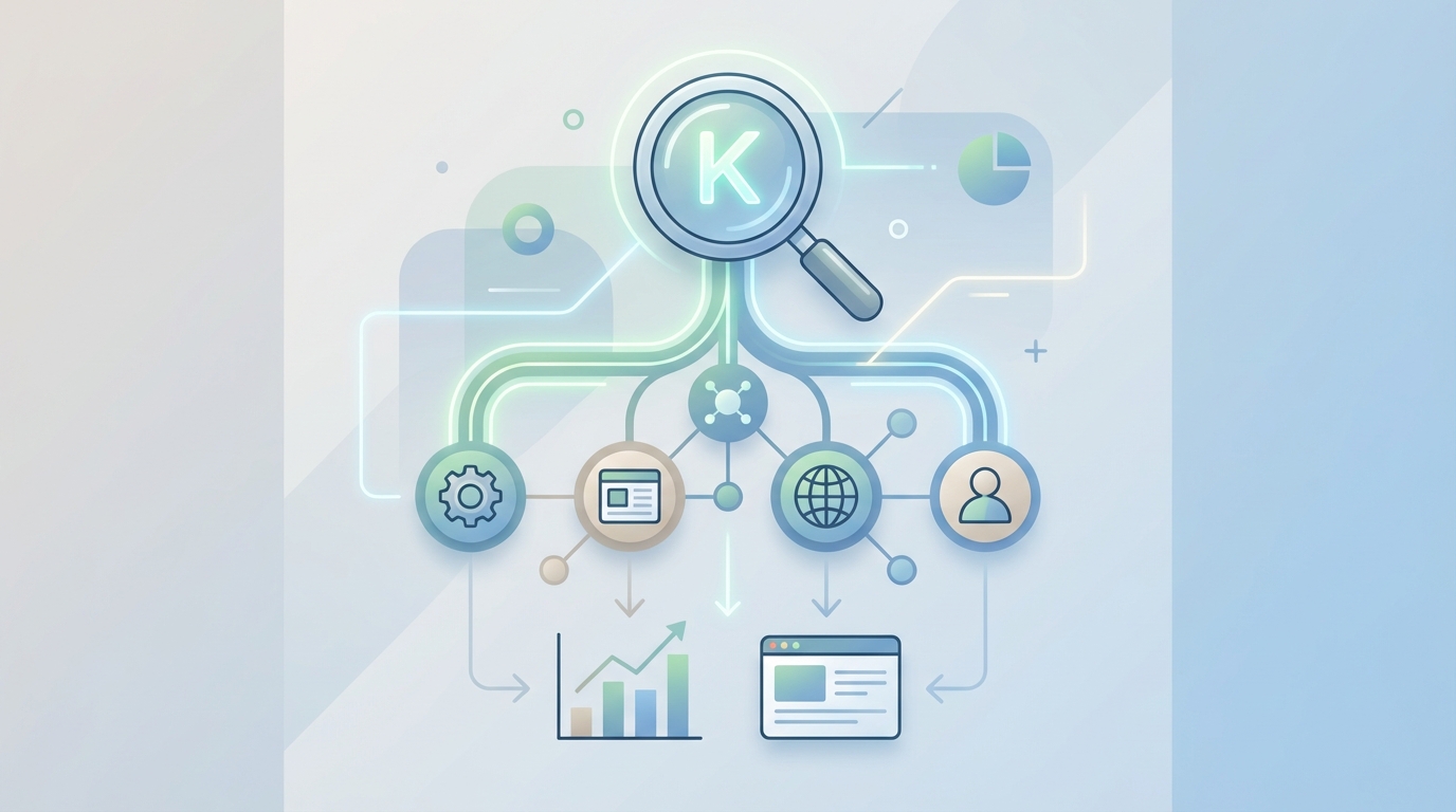 Visual diagram showing the keyword hierarchy structure: 1 primary keyword at the top, branching down to 3-7 secondary keywords, with examples of each type
