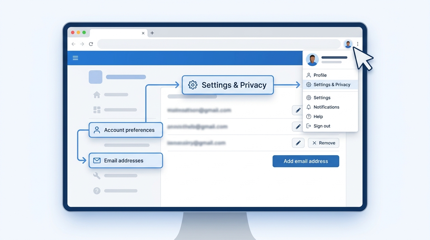 Screenshot or annotated illustration of the LinkedIn Settings & Privacy interface highlighting the Account preferences and Email addresses sections
