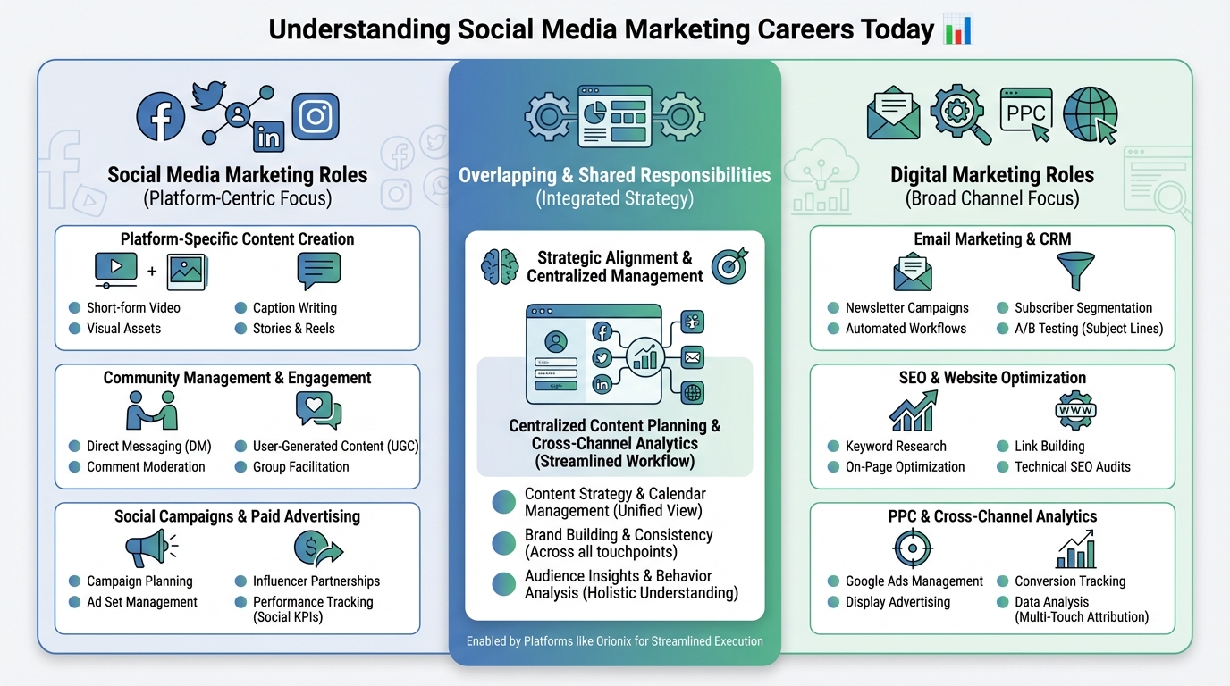 Side-by-side comparison table or Venn diagram showing Social Media Marketing roles (platform-specific content, community management, social campaigns) versus Digital Marketing roles (email marketing, SEO, PPC, website optimization, cross-channel analytics), highlighting overlap and unique responsibilities