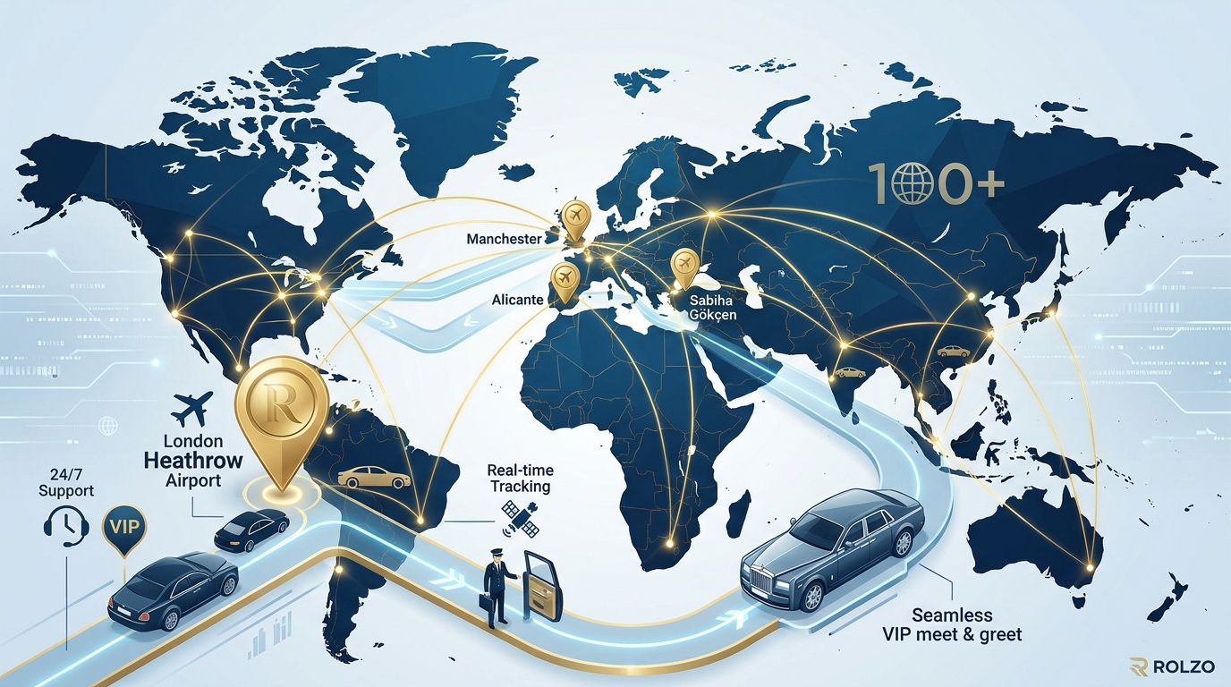 World map highlighting ROLZO's global coverage across 100+ countries, with pins marking key airports like Heathrow, Manchester, Alicante, and Sabiha Gökçen