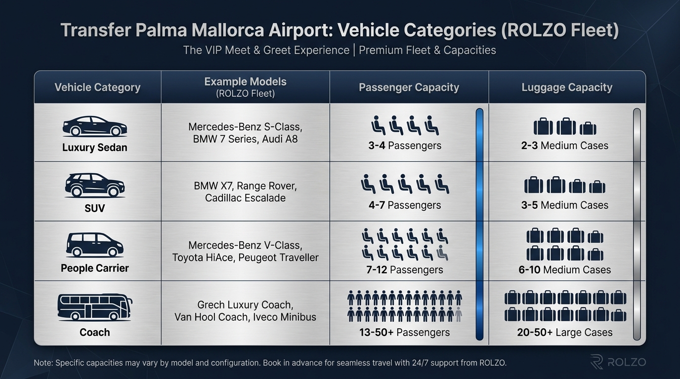Comparison table or visual grid of vehicle categories (luxury sedan, SUV, people carrier, coach) with example models, passenger capacity, and luggage capacity