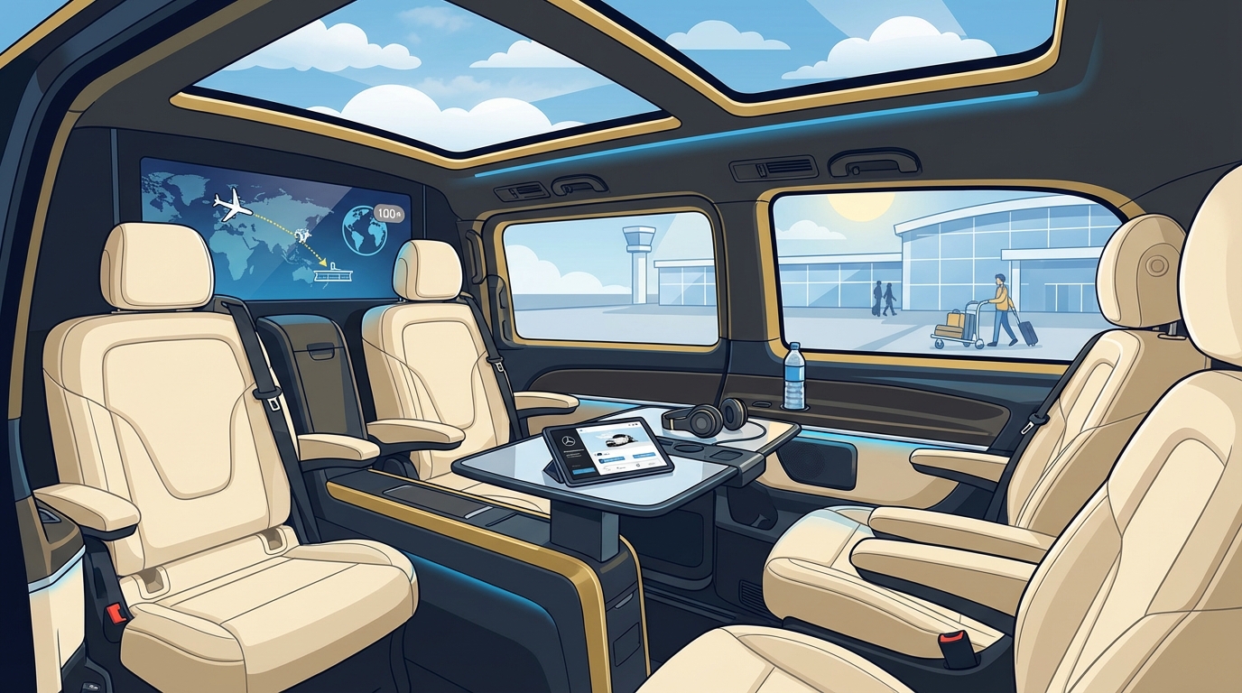 Image showing Mercedes-Benz Sprinter or V-Class minibus with spacious interior, highlighting group travel capacity and luxury amenities