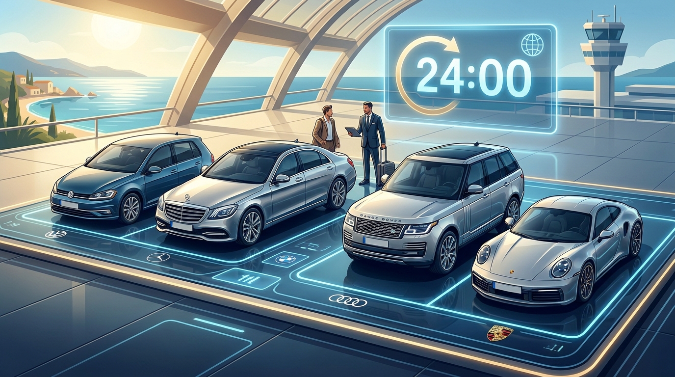 Visual grid showcasing the range of available vehicles: economy car, luxury sedan, SUV, and supercar with brand logos (Mercedes-Benz, BMW, Audi, Porsche, Range Rover)