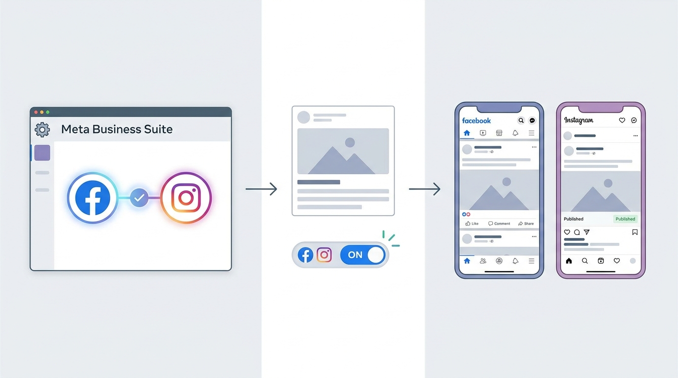 Step-by-step visual flow diagram showing the process of linking Facebook and Instagram accounts in Meta Business Suite, then enabling cross-posting when publishing a post