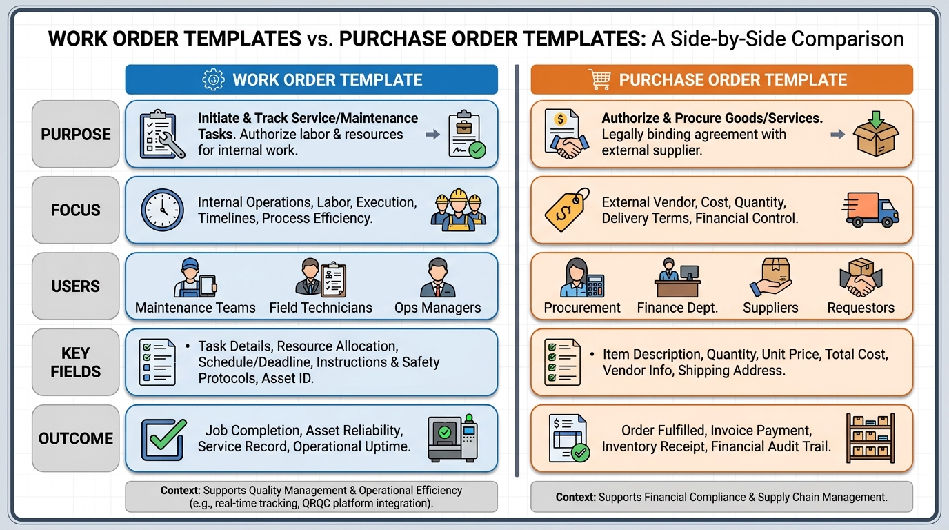 Side-by-side comparison table or visual showing the differences between work order templates and purchase order templates (purpose, focus, users, key fields, outcome)