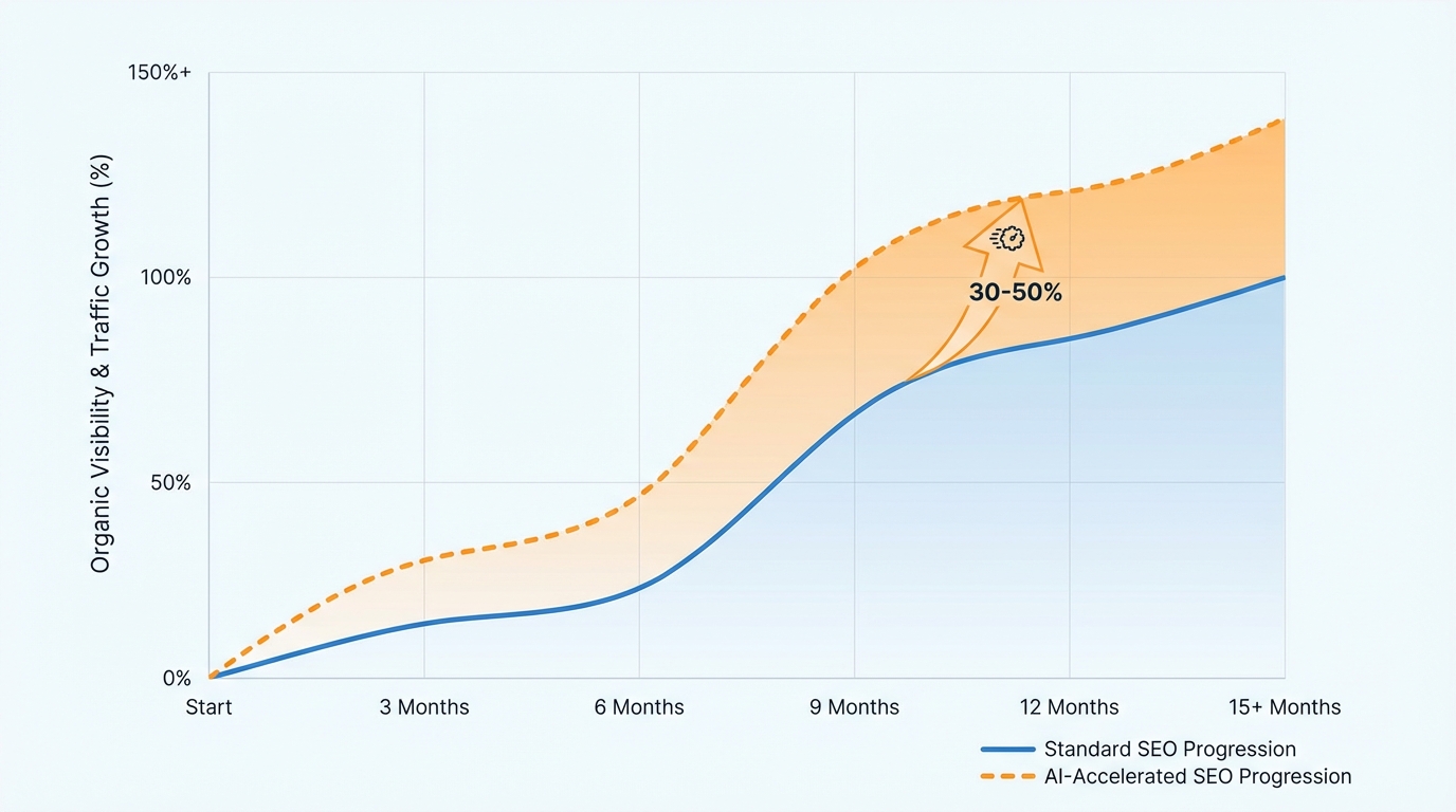Timeline graph showing SEO results progression: Initial results at 3-6 months, significant improvements at 6-12 months, with notation showing 30-50% acceleration potential with AI tools