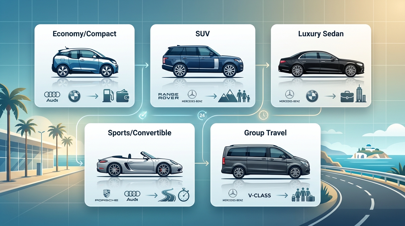 Visual grid showcasing available vehicle types and brands (Mercedes-Benz, BMW, Audi, Porsche, Range Rover, V-Class) with icons or images representing economy, compact, SUV, luxury sedan, and group travel options