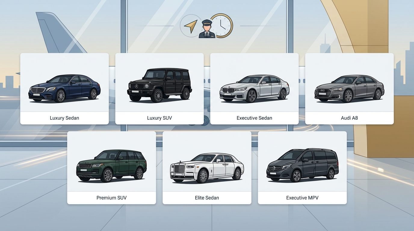 Visual gallery or grid showcasing the luxury vehicle fleet available (Mercedes-Benz S-Class and G-Class, BMW 7 Series, Audi A8, Range Rover, Rolls-Royce, and Mercedes V-Class) with vehicle categories labeled