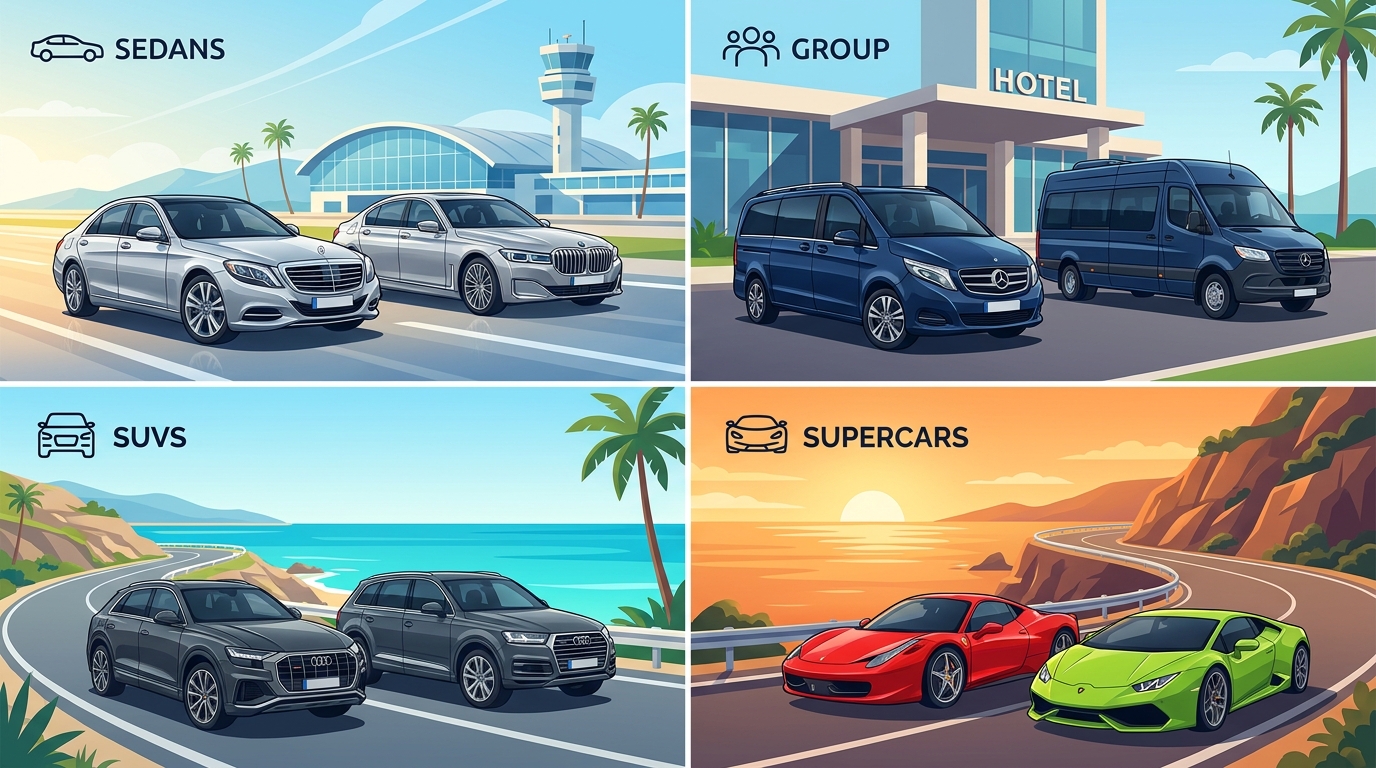 A visual gallery or grid showcasing the ROLZO premium fleet tiers — luxury sedans (Mercedes-Benz S-Class, BMW 7 Series), SUVs (Audi Q8, Range Rover, Porsche Cayenne), group vehicles (V-Class, Sprinter), and supercars (Ferrari, Lamborghini)