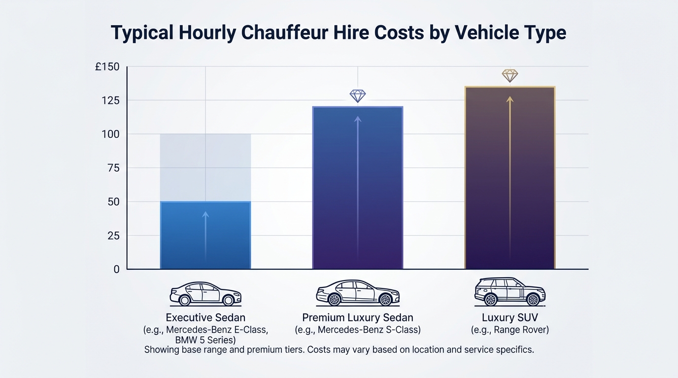 Bar chart comparing typical hourly chauffeur hire costs by vehicle type, showing the £50–£100 base range and higher premium tiers for Mercedes-Benz S-Class and Range Rover