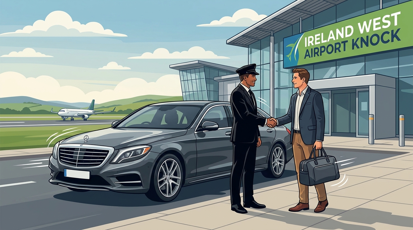 Hero image of a luxury chauffeur (in professional attire) standing beside a premium vehicle such as a Mercedes-Benz S-Class at the Ireland West Airport Knock terminal, welcoming an arriving traveller
