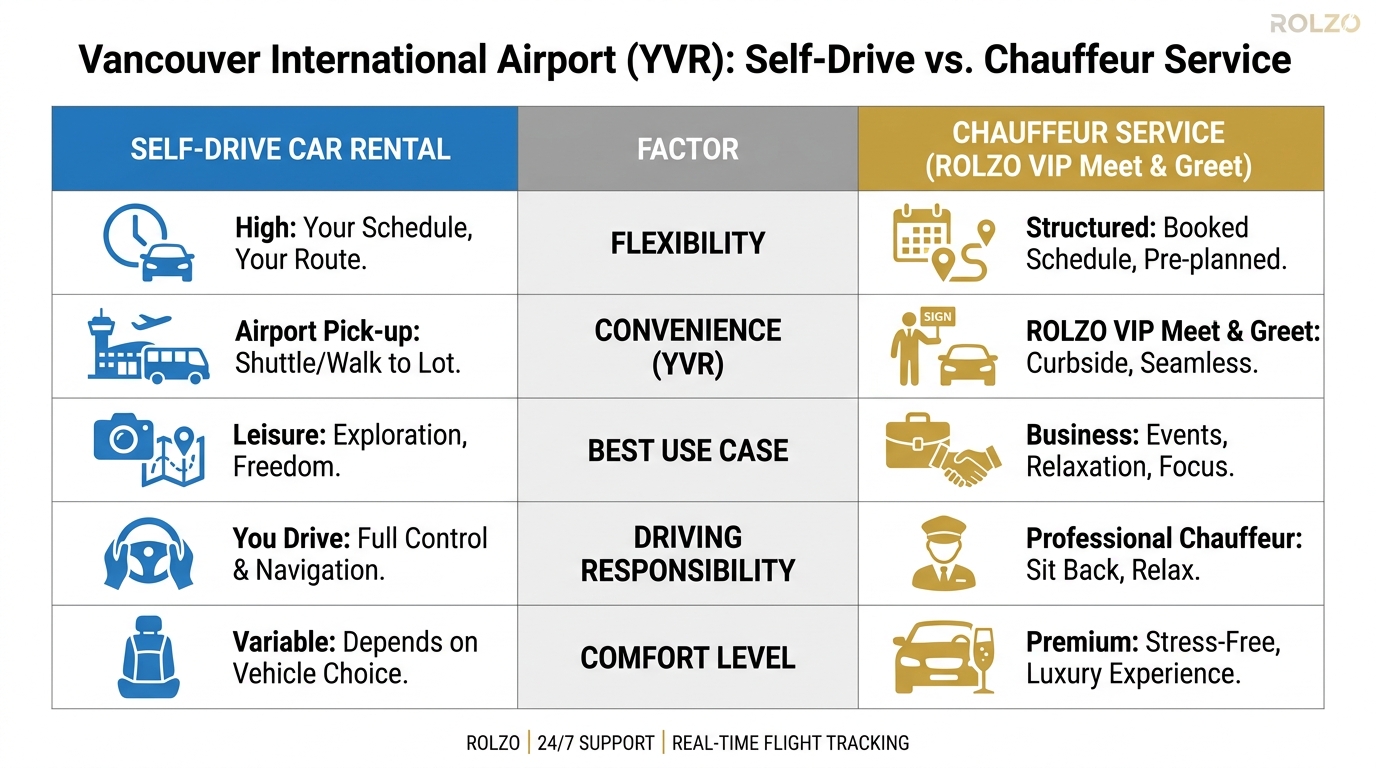 Comparison table contrasting self-drive car rental vs. chauffeur service across factors like flexibility, convenience, best use case (business vs. leisure), driving responsibility, and comfort level