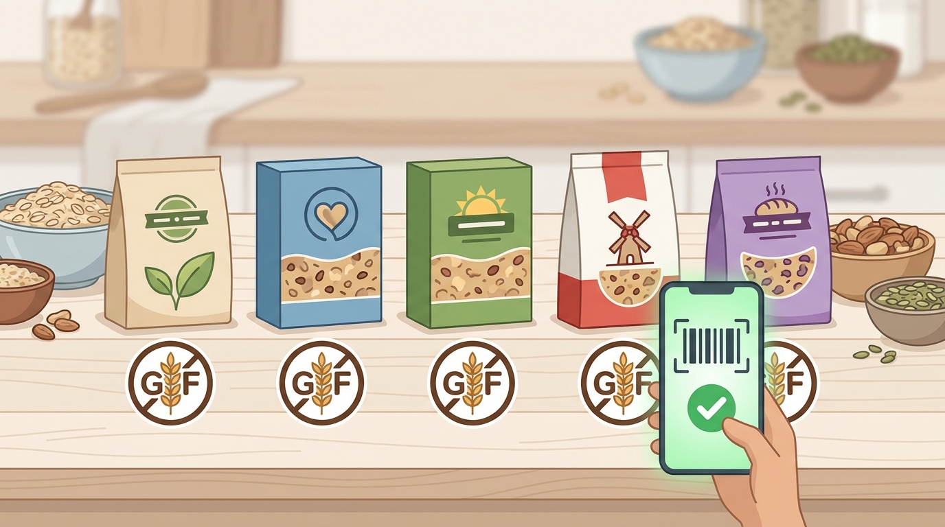 Visual grid or lineup showing logos/packaging of top gluten-free granola brands mentioned (Purely Elizabeth, KIND Healthy Grains, Nature's Path, Bob's Red Mill, Bakery on Main) with certification badges