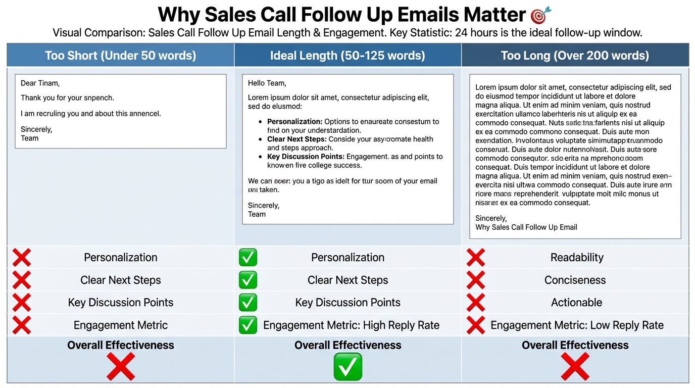 Visual comparison showing three email examples side-by-side: 'Too Short' (under 50 words), 'Ideal Length' (50-125 words with bullet points), and 'Too Long' (over 200 words), with engagement metrics or checkmarks/X marks