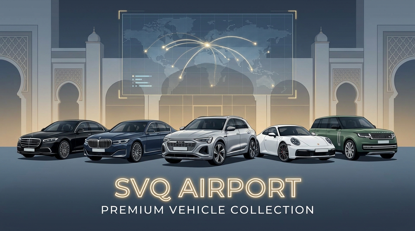 Showcase of available luxury vehicle brands and models (Mercedes S-Class, BMW 7 Series, Audi, Porsche, Range Rover) available for hire at Sevilla Airport
