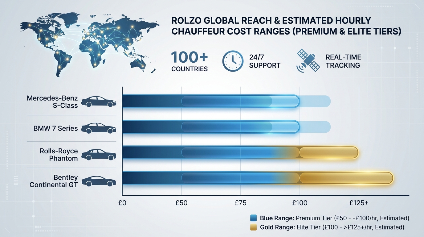 Visualization showing ROLZO's global reach (100+ countries) and estimated chauffeur hire cost ranges (£50-£100 per hour), possibly a bar chart of pricing tiers by vehicle class (Mercedes-Benz S-Class, BMW 7 Series, Rolls-Royce, Bentley)