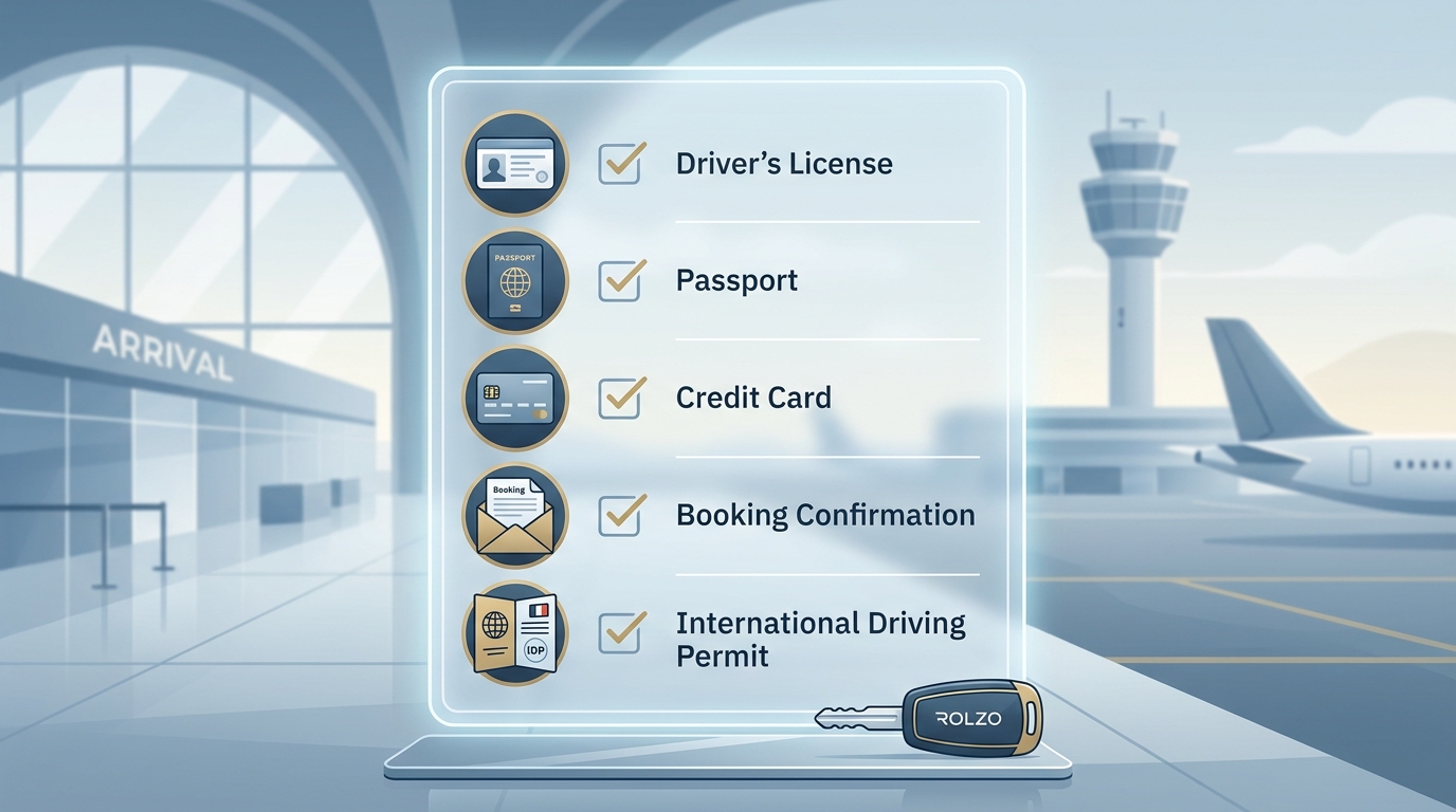 Clean infographic checklist showing required documents with icons: driver's license, passport/ID, credit card, booking confirmation, and International Driving Permit (for non-EU visitors)