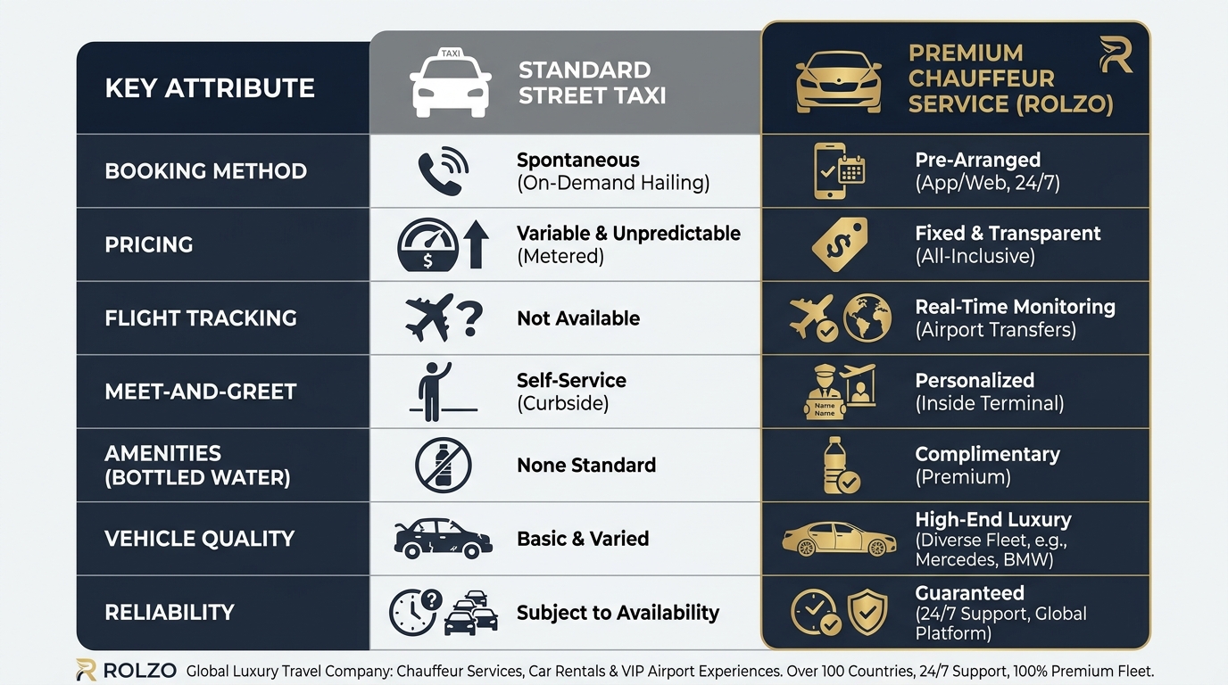 Comparison table contrasting standard street taxi vs. chauffeur service across key attributes: booking method, pricing, flight tracking, meet-and-greet, amenities (bottled water), vehicle quality, and reliability