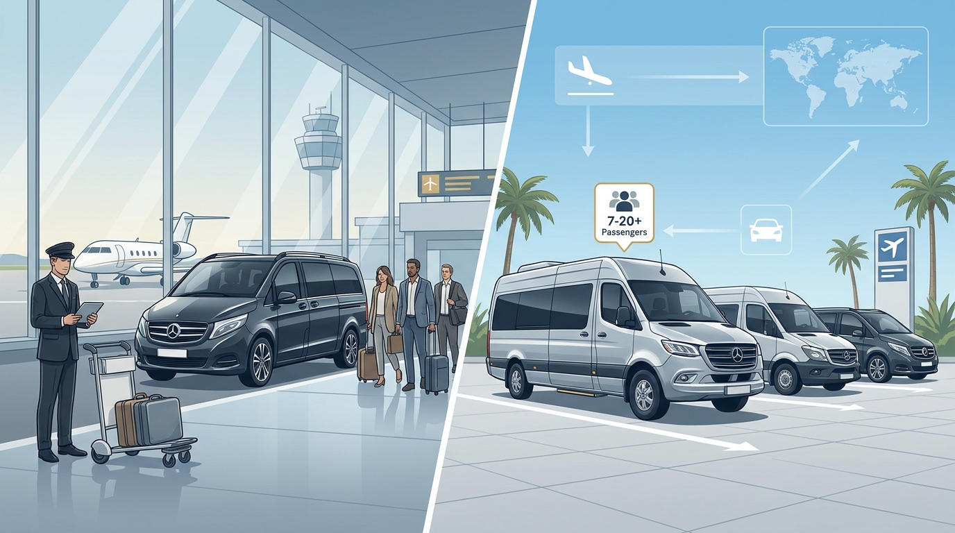 Image showing luxury group transportation vehicles like Mercedes-Benz Sprinter or V-Class with capacity indicators (7-20+ passengers)