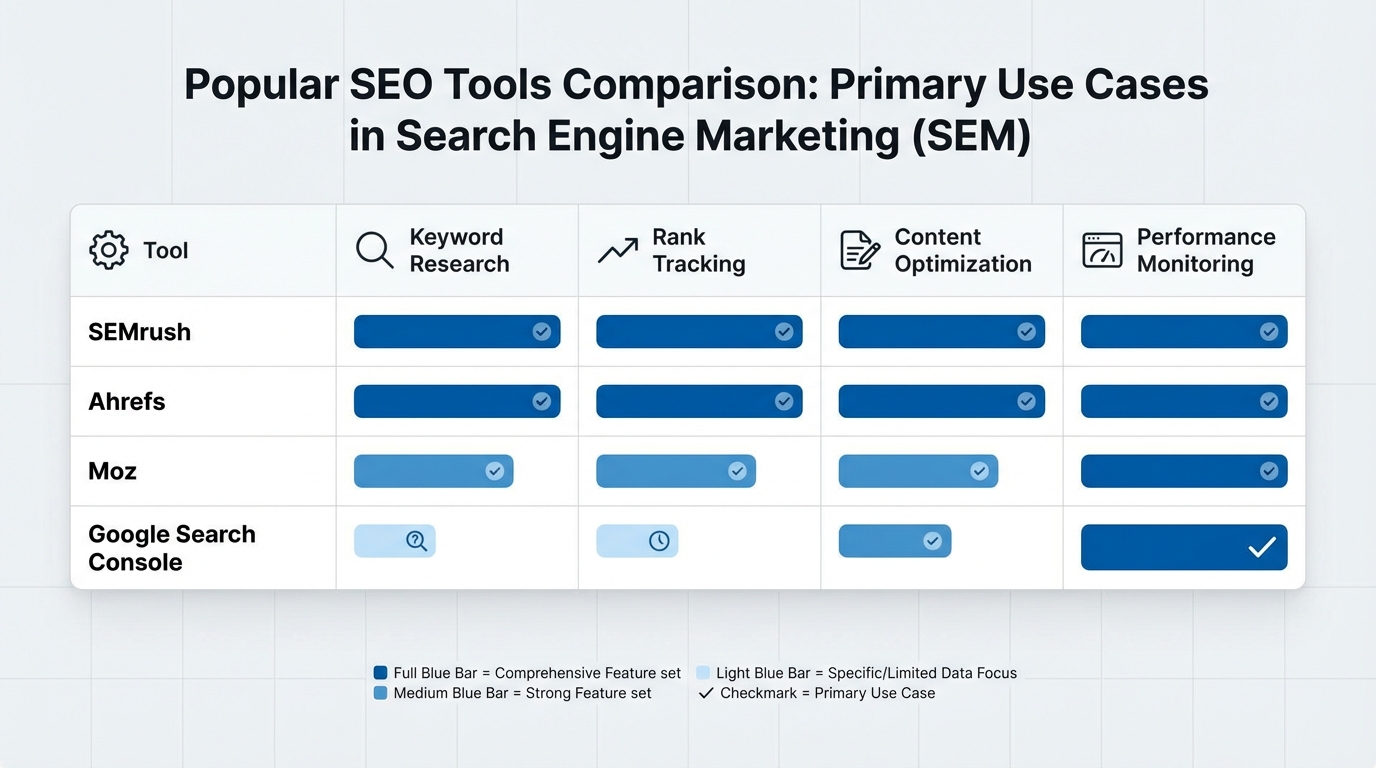 Comparison table or grid showing popular SEO tools (SEMrush, Ahrefs, Moz, Google Search Console) with their primary use cases: keyword research, rank tracking, content optimization, and performance monitoring