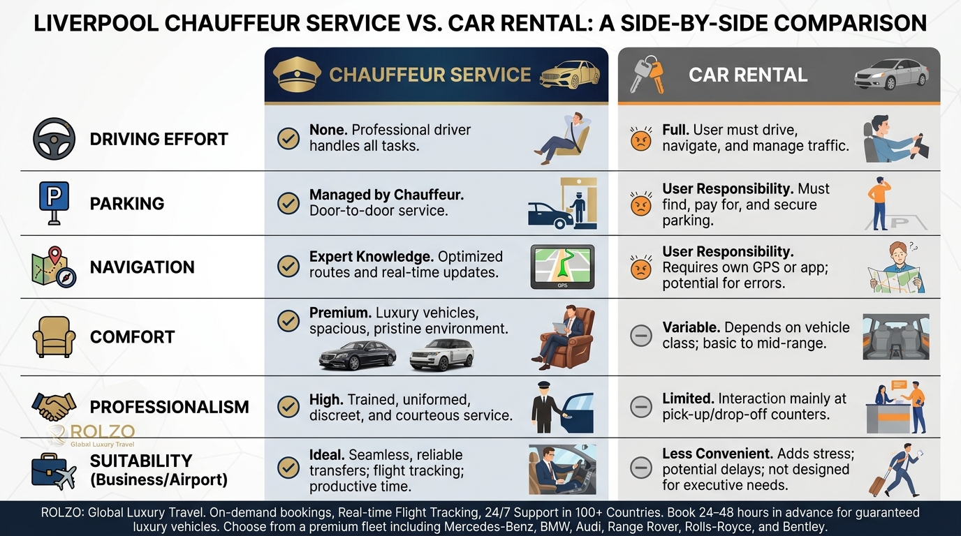Side-by-side comparison chart contrasting Chauffeur Service vs Car Rental across factors like driving effort, parking, navigation, comfort, professionalism, and suitability for business/airport travel.
