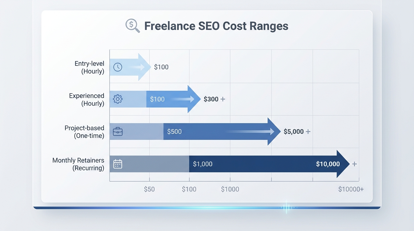 Tiered pricing chart or bar graph showing freelance SEO cost ranges: entry-level ($50-$100/hour), experienced ($100-$300+/hour), project-based ($500-$5,000+), and monthly retainers ($1,000-$10,000+)