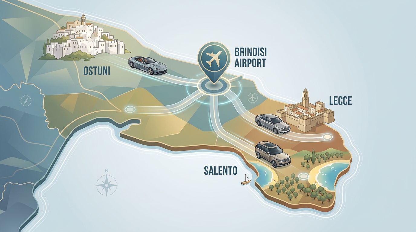 Map-style illustration of Puglia region showing Brindisi Airport and popular destinations (Lecce, Ostuni, Salento) with recommended vehicle types for each route