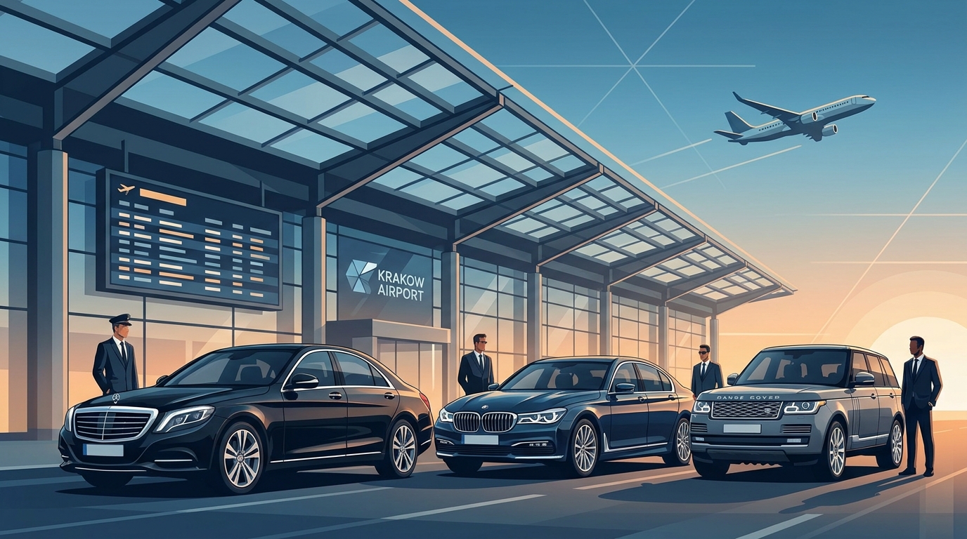 Hero image showing luxury vehicles (Mercedes-Benz S-Class, BMW 7 Series, Range Rover) lined up at Krakow Airport terminal with professional chauffeurs