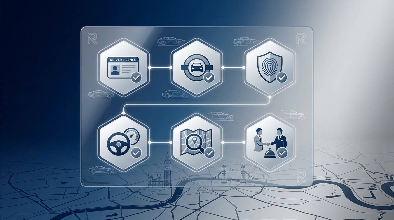 Checklist-style infographic showing the key qualifications: clean UK driving licence, TfL Private Hire Vehicle (PHV) licence, enhanced DBS check, professional driving experience, local geographic knowledge, and customer service skills
