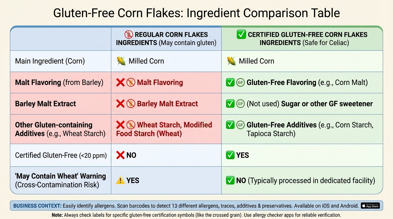 Side-by-side comparison table showing regular corn flakes ingredients vs. certified gluten-free corn flakes ingredients, highlighting malt flavoring, barley malt extract, and other gluten-containing additives