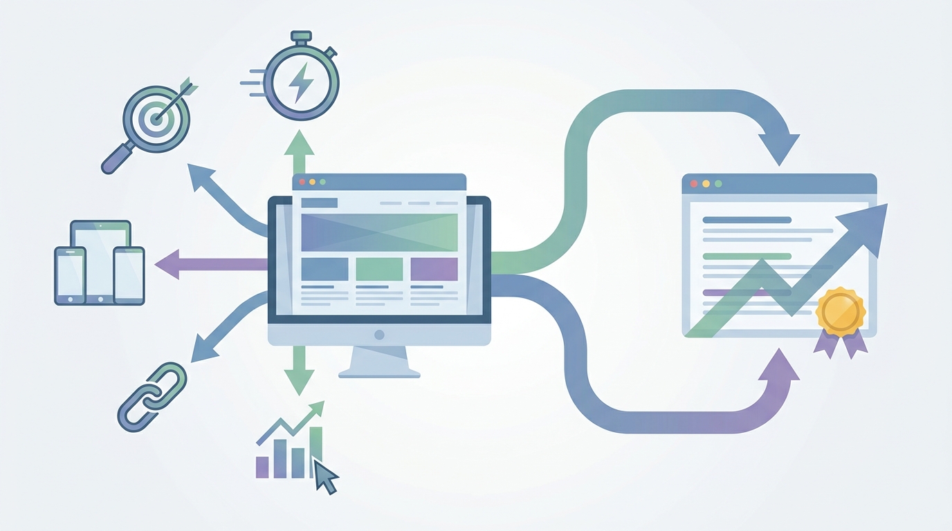 Diagram showing the key elements of an optimized landing page: keyword targeting, page speed, mobile responsiveness, internal linking, and user engagement metrics, with arrows pointing to 'Higher Rankings'