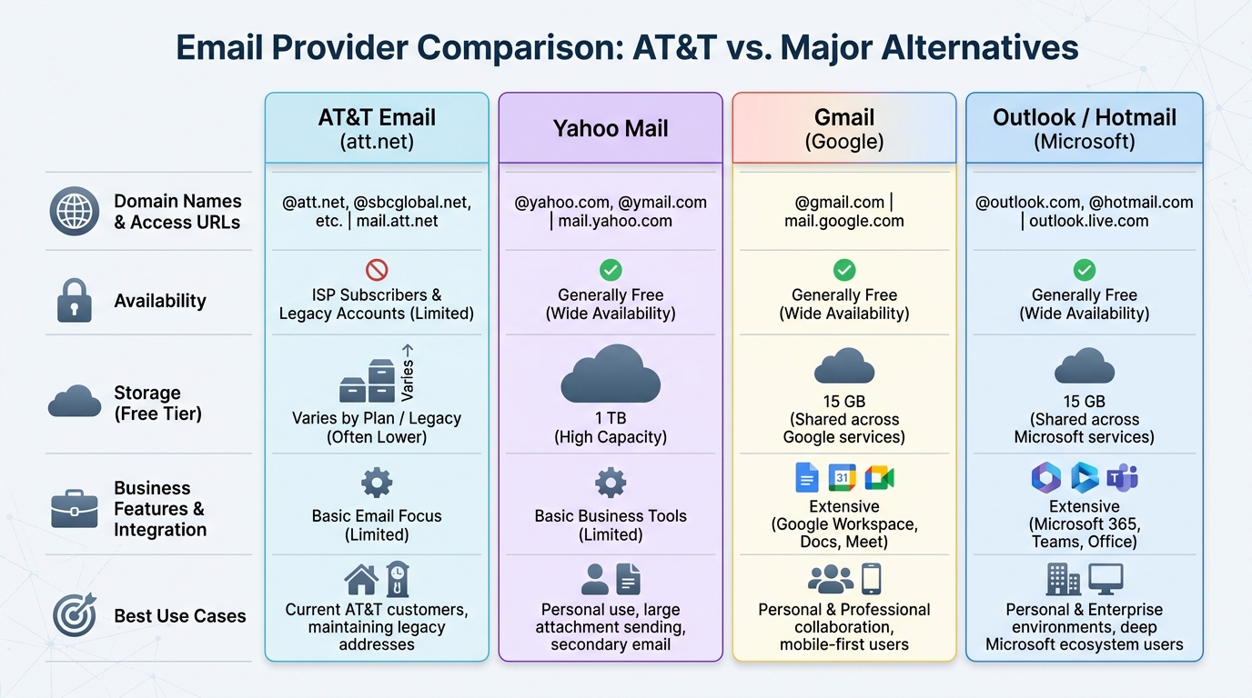 Comparison table showing AT&T email vs Yahoo email vs Gmail vs Outlook/Hotmail, highlighting features like domain names, access URLs, availability, storage, business features, and best use cases