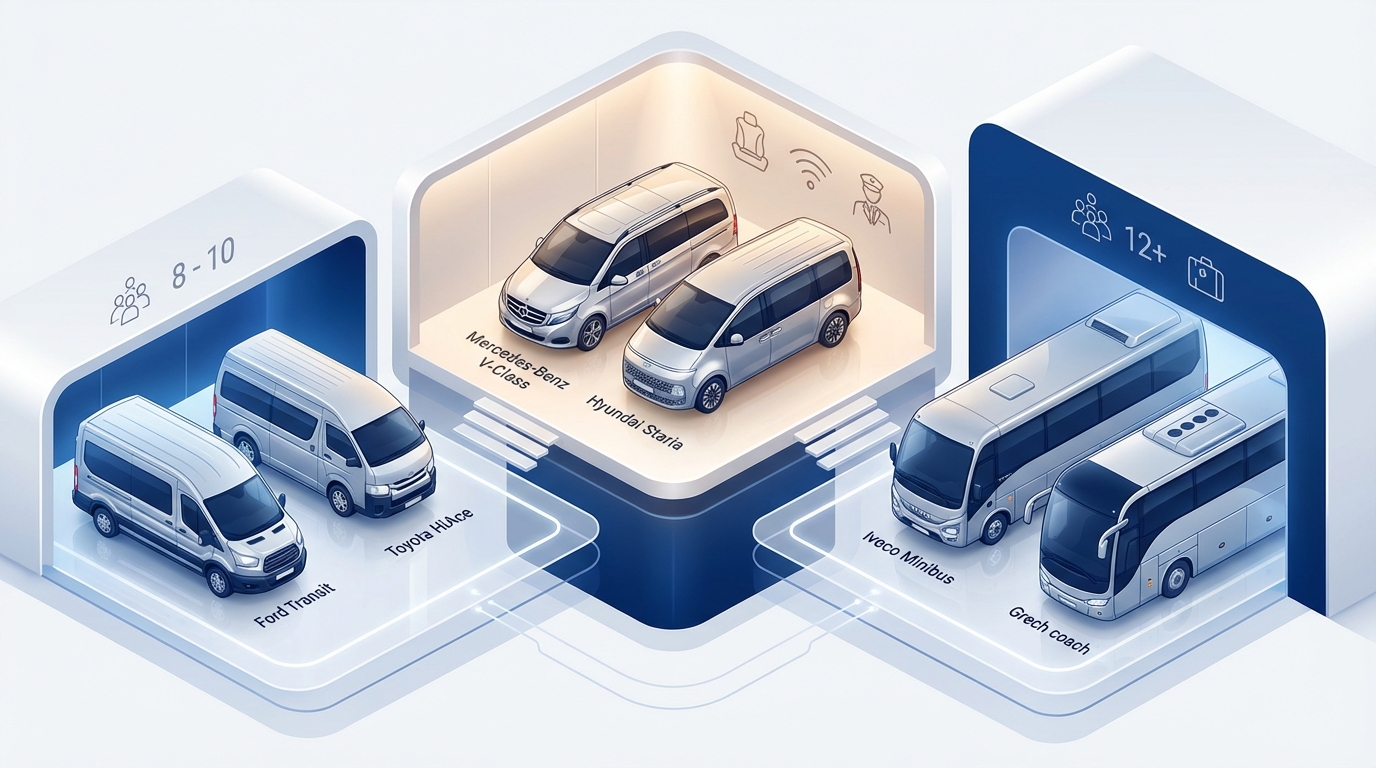 Visual fleet showcase displaying the different vehicle categories with images: standard minivans (Ford Transit, Peugeot Traveller, Toyota HiAce), luxury options (Mercedes-Benz V-Class, Sprinter, Hyundai Staria), and larger coaches (Iveco Minibus, Grech coaches) with passenger capacity indicators