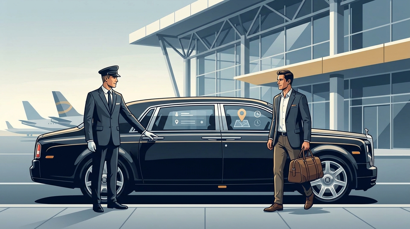 Hero image showing a professional chauffeur opening the door of a luxury vehicle (e.g., Mercedes-Benz or Rolls-Royce) for a well-dressed traveller at an airport terminal, conveying premium service and discretion
