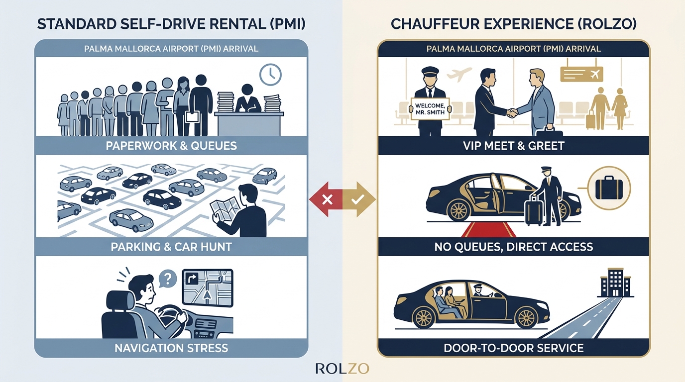 Side-by-side comparison graphic showing the standard self-drive rental experience (paperwork, parking, navigation stress) versus the chauffeur experience (Meet & Greet, no queues, door-to-door service)
