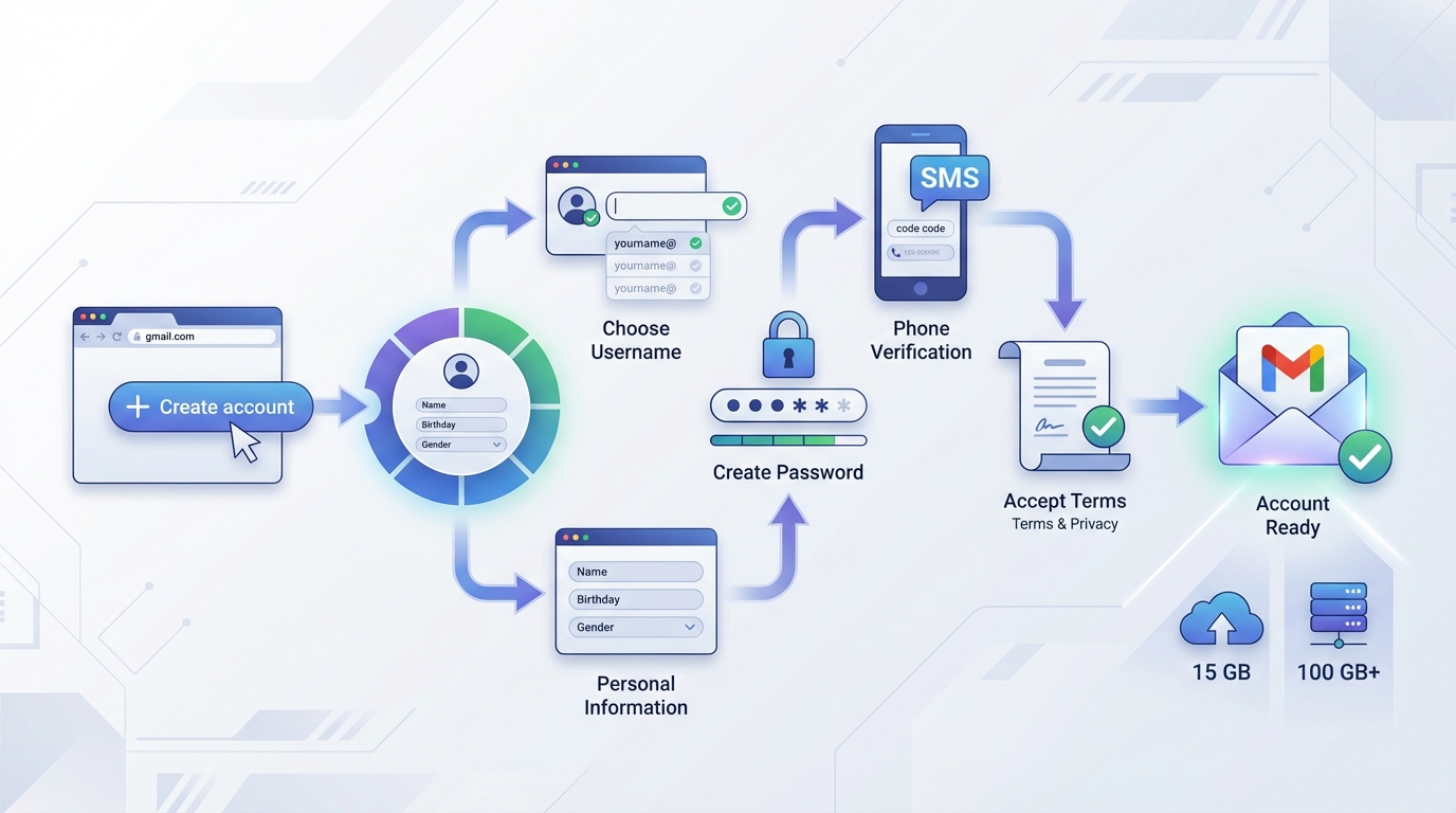 Step-by-step visual flowchart or infographic showing the Gmail account creation process: visiting gmail.com → clicking 'Create account' → entering personal information → choosing username → creating password → phone verification → accepting terms → account ready