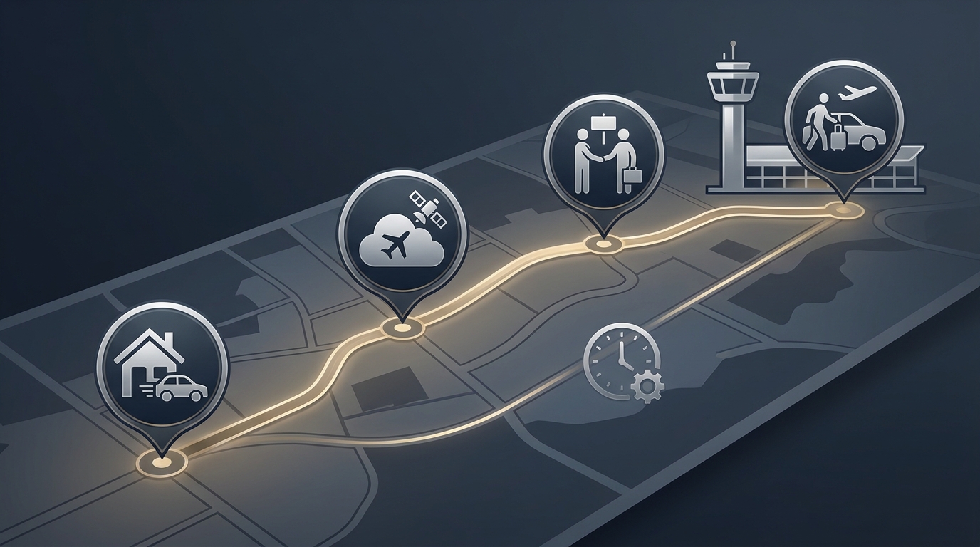 Illustrated map or route diagram showing the Burton on Trent to Manchester Airport journey with distance, estimated travel time, and door-to-door service touchpoints (pickup, flight tracking, meet-and-greet, drop-off)
