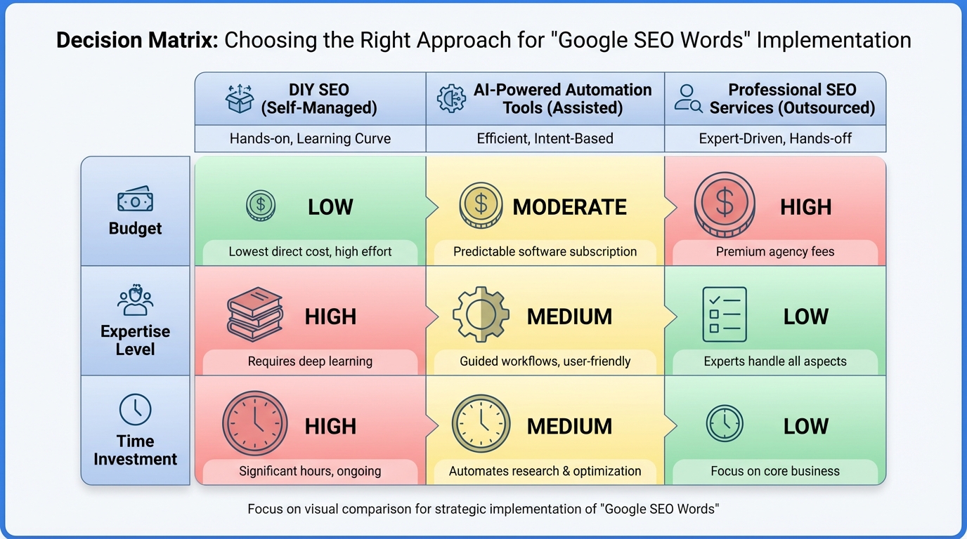 Decision matrix or flowchart comparing DIY SEO, AI-powered automation tools, and professional SEO services based on budget, expertise level, and time investment