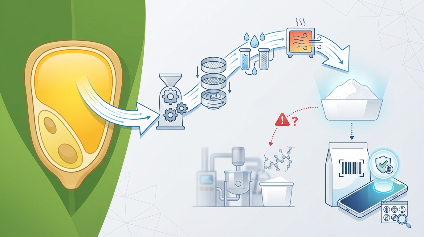 Infographic showing the corn-to-cornstarch process: corn kernel diagram highlighting the endosperm, with arrows showing extraction and refinement into pure cornstarch powder