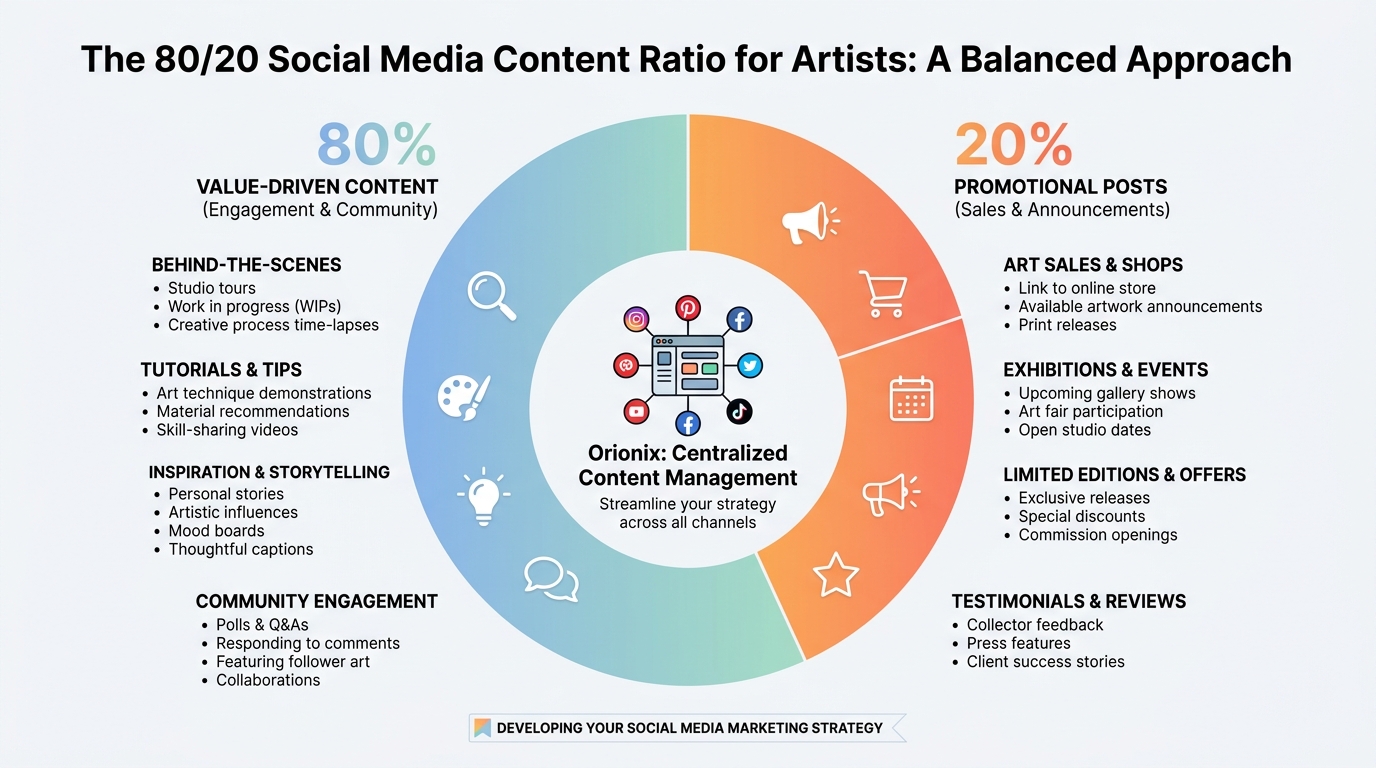 Pie chart or visual breakdown showing the 80/20 content ratio (80% value-driven content vs 20% promotional posts) with examples of each content type