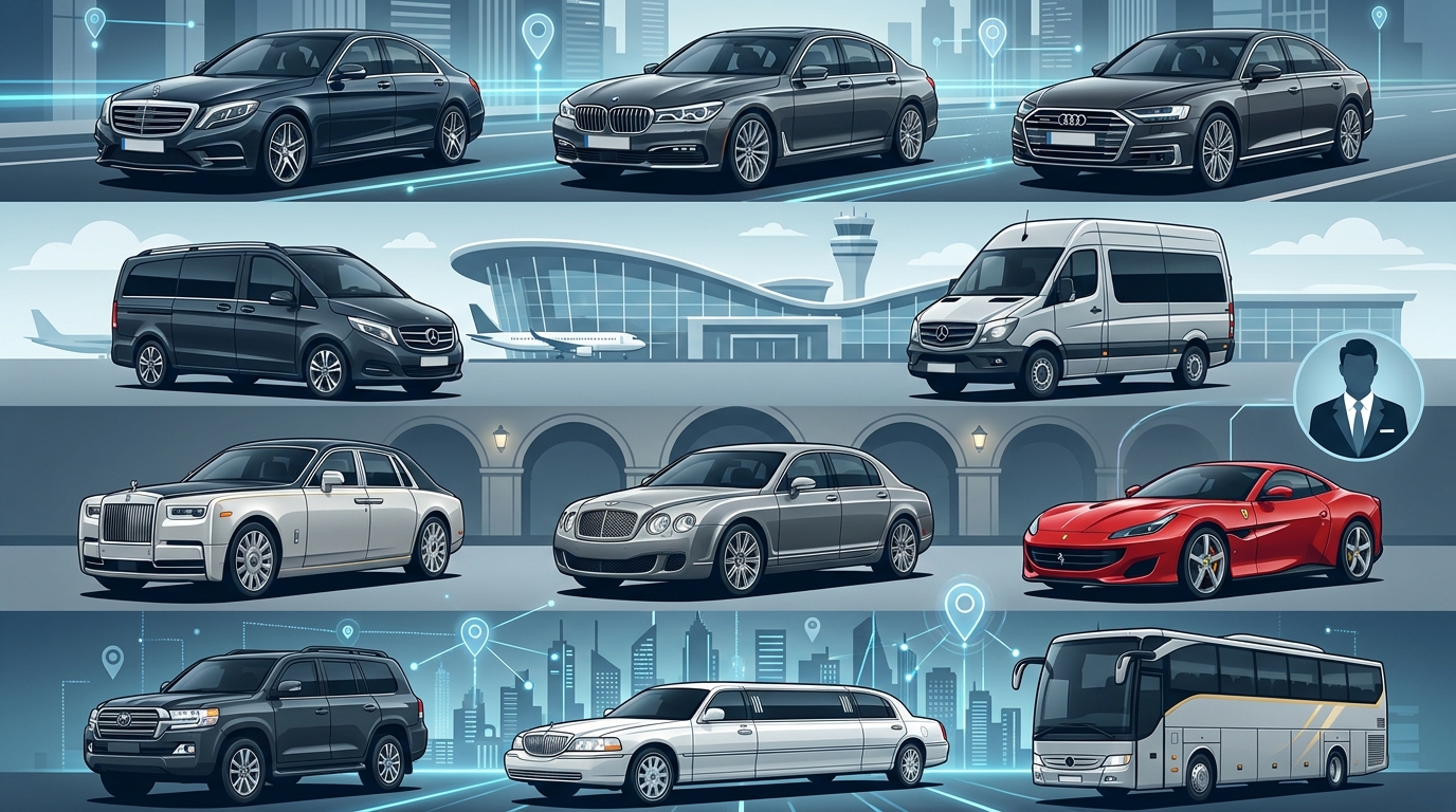 Visual grid or lineup illustration showing the luxury fleet categories: executive sedans (Mercedes-Benz S-Class, BMW 7 Series, Audi A8), group vehicles (V-Class, Sprinter), elite options (Rolls-Royce, Bentley, Ferrari), and specialty vehicles (armoured cars, stretch limousines, luxury coaches)