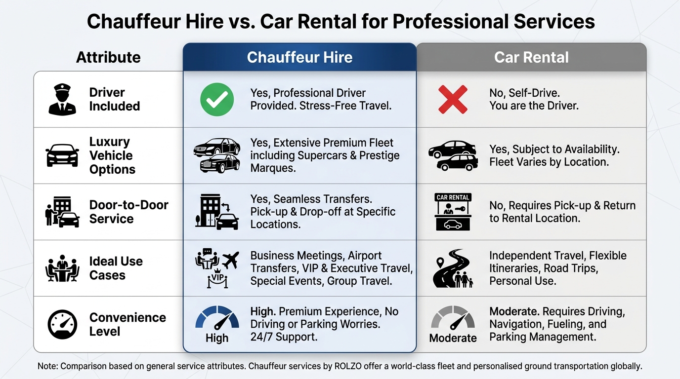 Side-by-side comparison table contrasting chauffeur hire vs. car rental across attributes like driver included, luxury vehicle, door-to-door service, ideal use cases (business/airport/VIP vs. independent driving), and convenience level