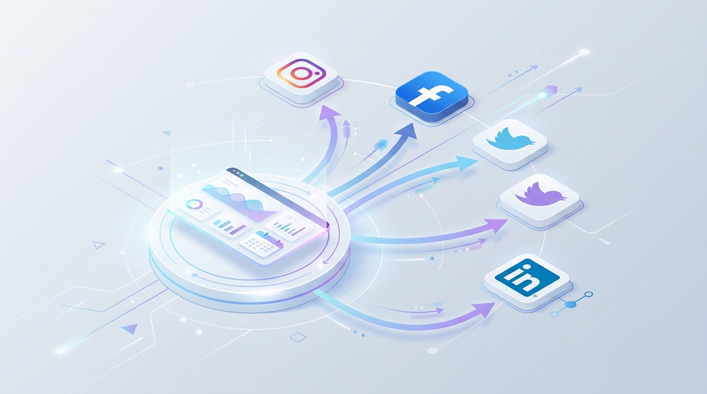 Diagram showing a centralized dashboard interface with connections to multiple social media platform icons (Instagram, Facebook, Twitter, LinkedIn) with arrows indicating content flow from one central point to all platforms