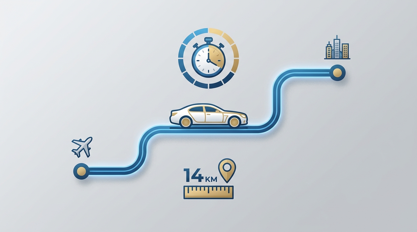 Map or infographic showing the ~14 km route from Chania Airport to the city centre with the approximate 20-minute travel time highlighted