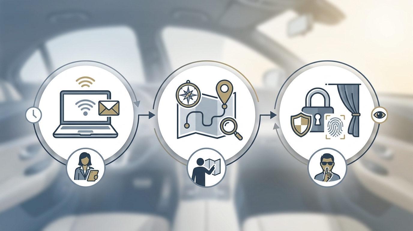 Icon-based infographic illustrating the three key chauffeur benefits: Productivity on the move (laptop/email icon), Local expertise (map/route icon), and Discretion (lock/privacy icon)